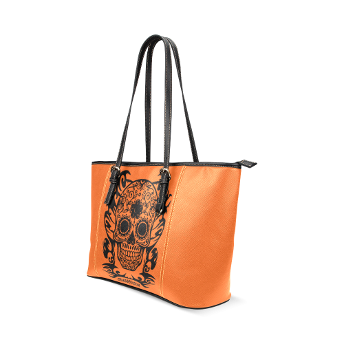 SKULL FLOWERS Leather Tote Bag/Small (Model 1640)