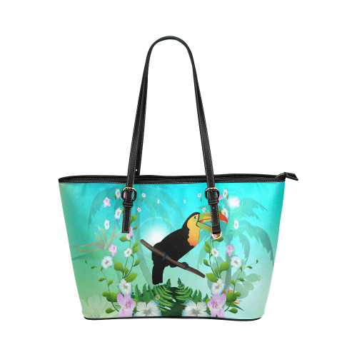 Cute toucan with flowers Leather Tote Bag/Large (Model 1651)