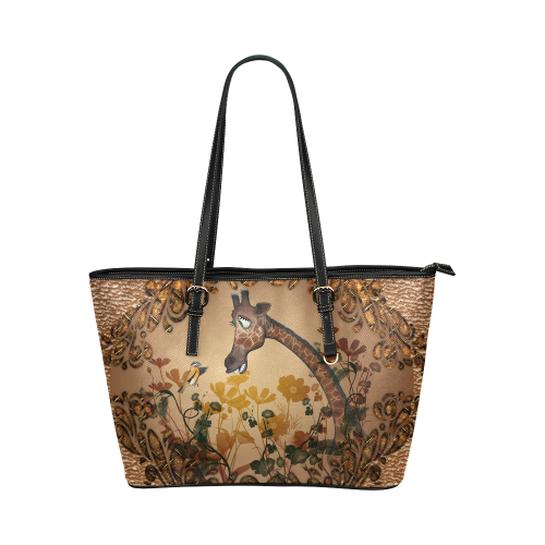 Sweet giraffe with bird Leather Tote Bag/Large (Model 1651)