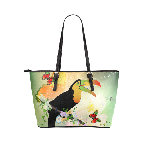 Funny toucan with flowers Leather Tote Bag/Large (Model 1651)