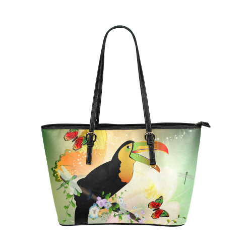 Funny toucan with flowers Leather Tote Bag/Large (Model 1651)