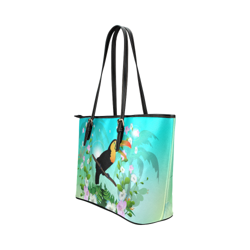 Cute toucan with flowers Leather Tote Bag/Small (Model 1651)