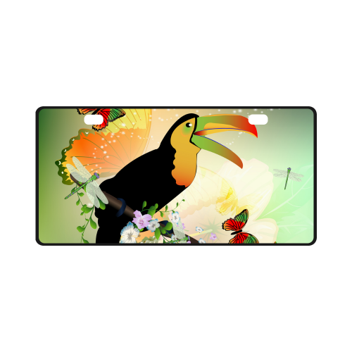 Funny toucan with flowers License Plate