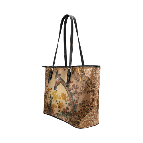 Sweet giraffe with bird Leather Tote Bag/Large (Model 1651)