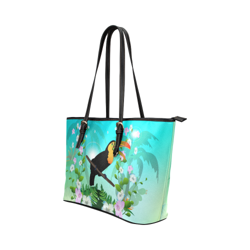 Cute toucan with flowers Leather Tote Bag/Small (Model 1651)