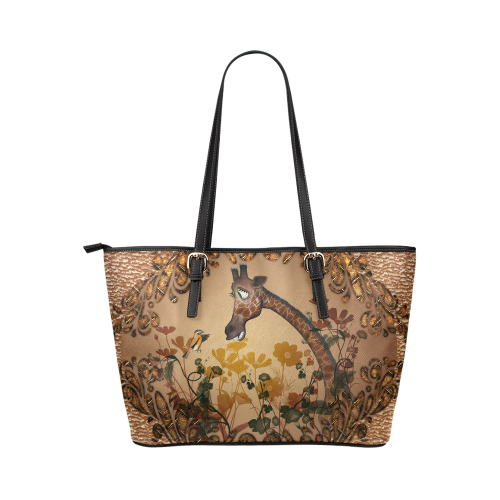 Sweet giraffe with bird Leather Tote Bag/Large (Model 1651)