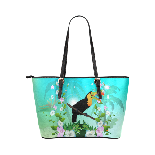 Cute toucan with flowers Leather Tote Bag/Large (Model 1651)