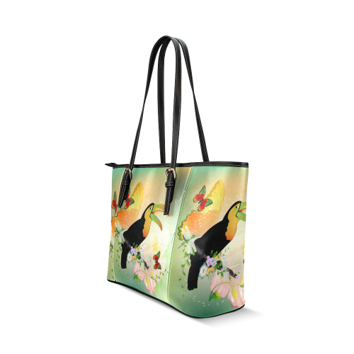 Funny toucan with flowers Leather Tote Bag/Large (Model 1640)