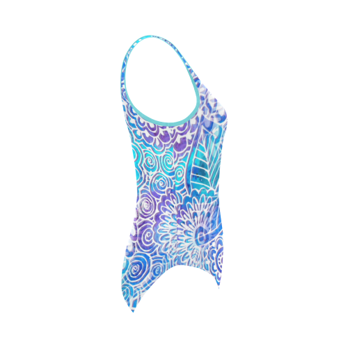 Boho Flower Doodle On Blue Watercolor Vest One Piece Swimsuit (Model S04)