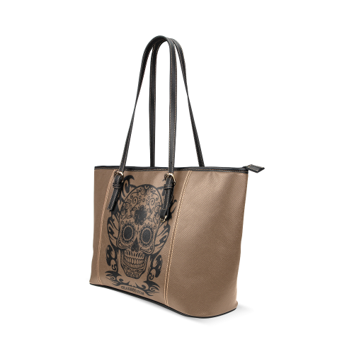 SKULL FLOWERS Leather Tote Bag/Small (Model 1640)