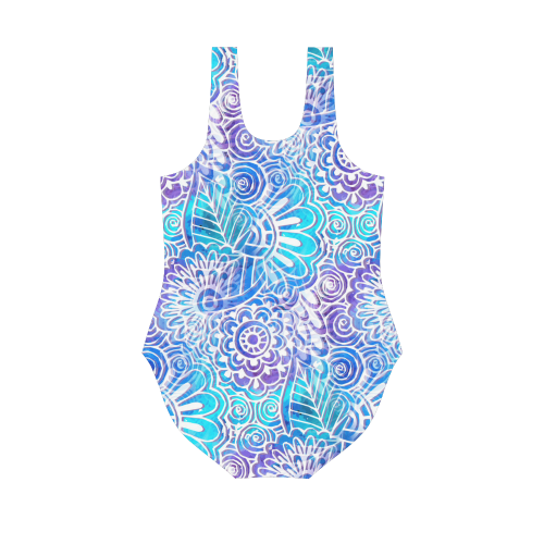 Boho Flower Doodle On Blue Watercolor Vest One Piece Swimsuit (Model S04)