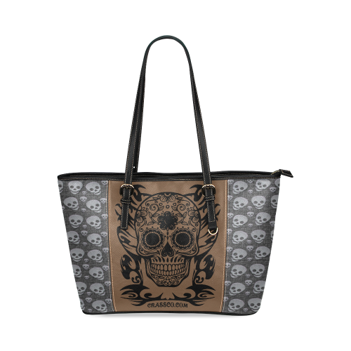 SKULL FLOWERS Leather Tote Bag/Small (Model 1640)