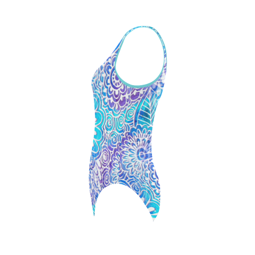 Boho Flower Doodle On Blue Watercolor Vest One Piece Swimsuit (Model S04)