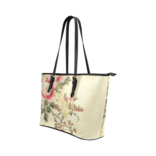 Peony flowers & Birds, japanese woodcut print, Leather Tote Bag/Small (Model 1651)