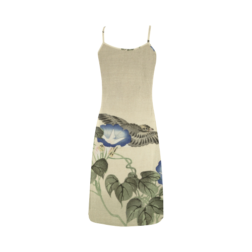 Oriental Birds and blue flowers, Japanese woodcut, Alcestis Slip Dress (Model D05)