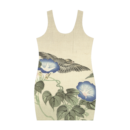 Oriental Birds and blue flowers, Japanese woodcut, Medea Vest Dress (Model D06)