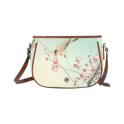 Oriental Bird pink blossom, Japanese woodcut print Saddle Bag/Small (Model 1649) Full Customization