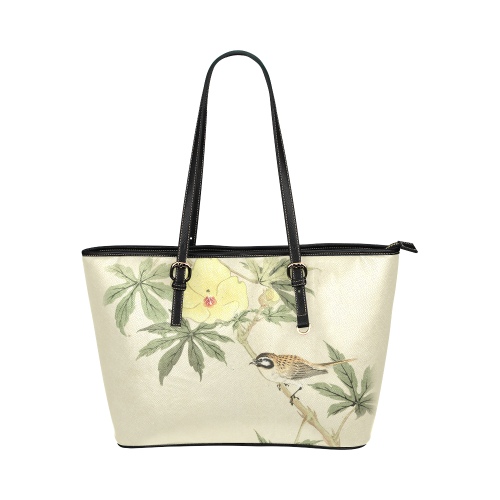Bird with yellow flowers, oriental Woodcut Print Leather Tote Bag/Small (Model 1651)
