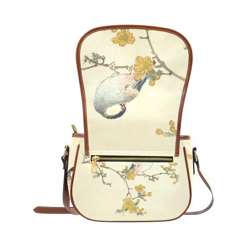 Bird in oriental pink flowers, Japanese woodcut, Saddle Bag/Small (Model 1649) Full Customization