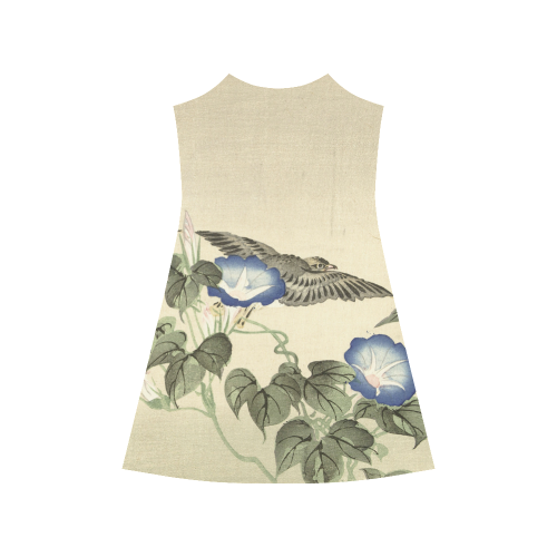 Oriental Birds and blue flowers, Japanese woodcut, Alcestis Slip Dress (Model D05)