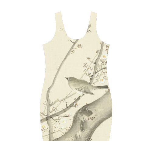 Oriental Bird white blossom, japanese woodcut, Medea Vest Dress (Model D06)