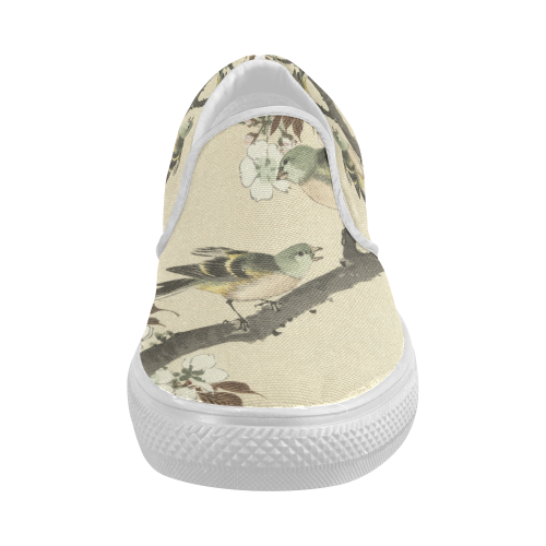 Oriental birds on blossom branch Women's Slip-on Canvas Shoes (Model 019)