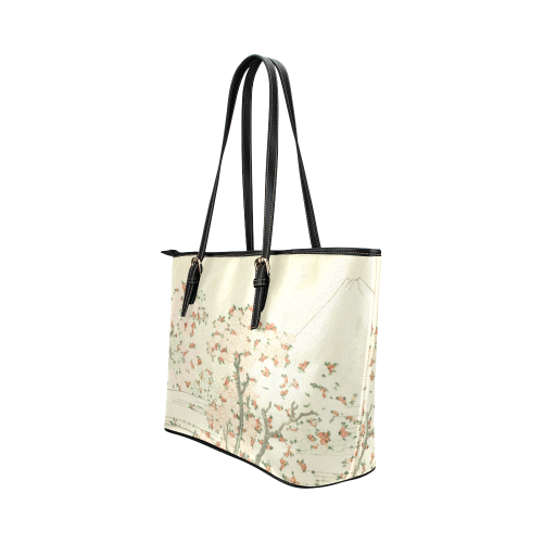 uji mountain cherry blossom, japanese woodcut Leather Tote Bag/Large (Model 1651)