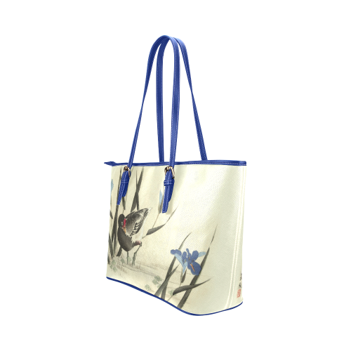 Oriental Bird, iris flowers, Japanese woodcut, Leather Tote Bag/Large (Model 1651)