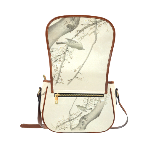 Oriental Bird white blossom, japanese woodcut, Saddle Bag/Small (Model 1649) Full Customization