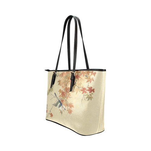 Oriental bird in autumn branches Leather Tote Bag/Small (Model 1651)