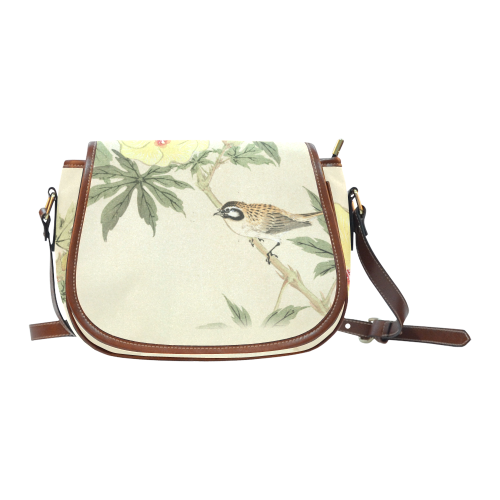 Bird with yellow flowers, oriental Woodcut Print Saddle Bag/Small (Model 1649) Full Customization