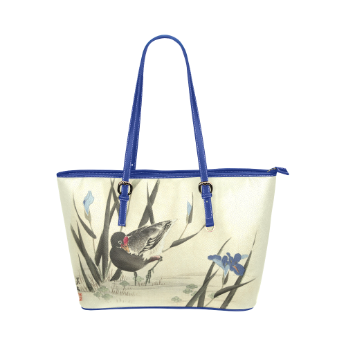 Oriental Bird, iris flowers, Japanese woodcut, Leather Tote Bag/Large (Model 1651)