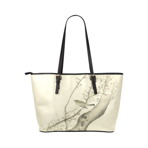 Oriental Bird white blossom, japanese woodcut, Leather Tote Bag/Large (Model 1651)