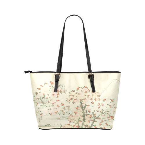 uji mountain cherry blossom, japanese woodcut Leather Tote Bag/Large (Model 1651)