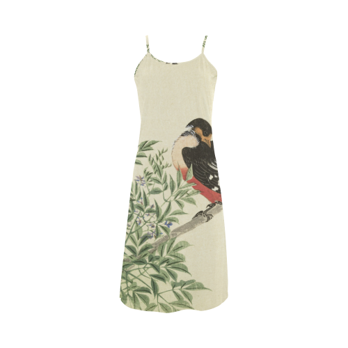 Black Red Bird, Japanese Woodcut print Alcestis Slip Dress (Model D05)