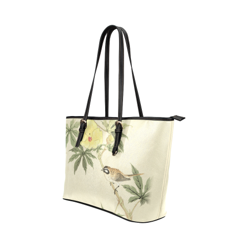 Bird with yellow flowers, oriental Woodcut Print Leather Tote Bag/Small (Model 1651)