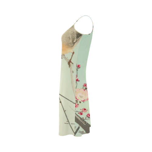 Oriental Bird pink blossom, Japanese woodcut print Alcestis Slip Dress (Model D05)