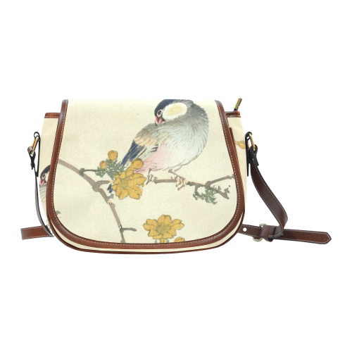 Bird in oriental pink flowers, Japanese woodcut, Saddle Bag/Small (Model 1649) Full Customization