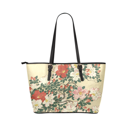 Azalea flowers, Japanese woodcut print, Leather Tote Bag/Small (Model 1651)