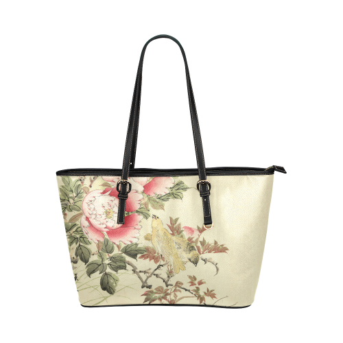 Peony flowers & Birds, japanese woodcut print, Leather Tote Bag/Large (Model 1651)