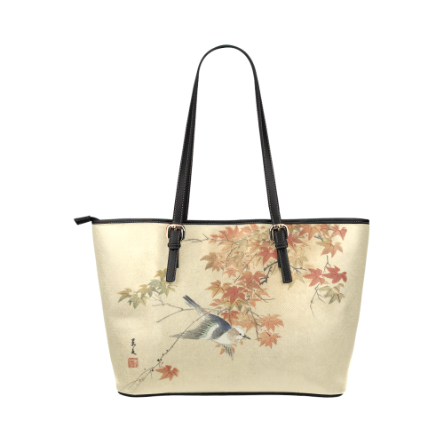 Oriental bird in autumn branches Leather Tote Bag/Small (Model 1651)