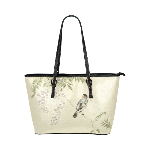 Oriental Bird purple flowers, Japanese woodcut, Leather Tote Bag/Large (Model 1651)