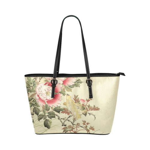 Peony flowers & Birds, japanese woodcut print, Leather Tote Bag/Small (Model 1651)