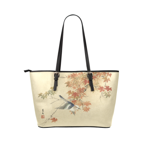 Oriental bird in autumn branches Leather Tote Bag/Large (Model 1651)