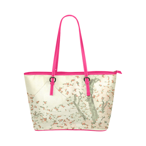 uji mountain cherry blossom, japanese woodcut Leather Tote Bag/Small (Model 1651)