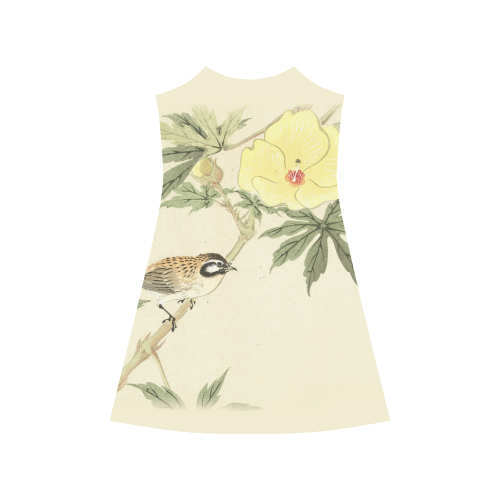 Bird with yellow flowers, oriental Woodcut Print Alcestis Slip Dress (Model D05)