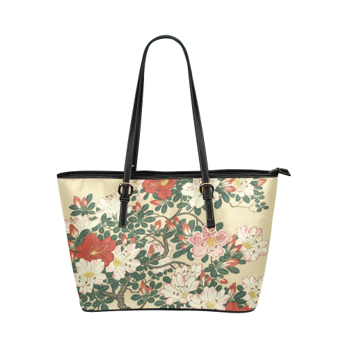 Azalea flowers, Japanese woodcut print, Leather Tote Bag/Small (Model 1651)