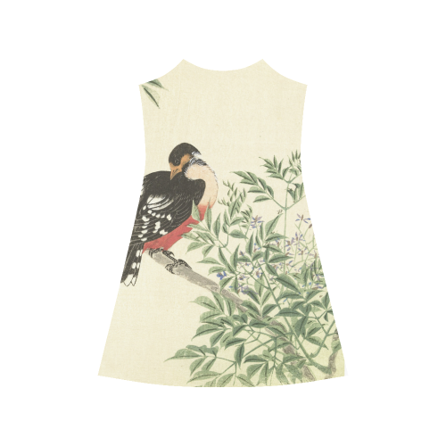 Black Red Bird, Japanese Woodcut print Alcestis Slip Dress (Model D05)