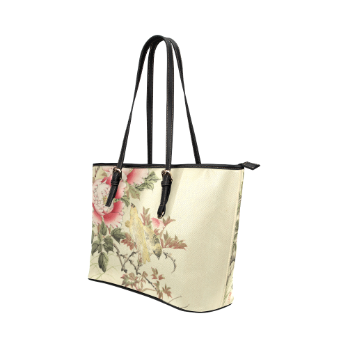 Peony flowers & Birds, japanese woodcut print, Leather Tote Bag/Large (Model 1651)