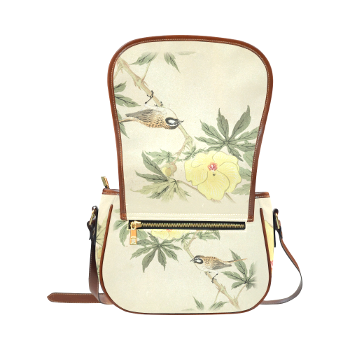 Bird with yellow flowers, oriental Woodcut Print Saddle Bag/Small (Model 1649) Full Customization